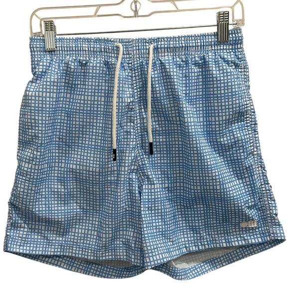 Solid & Striped Classic Swim Trunks Mini Grid French Blue White Nylon Mesh Lined - Picture 2 of 8